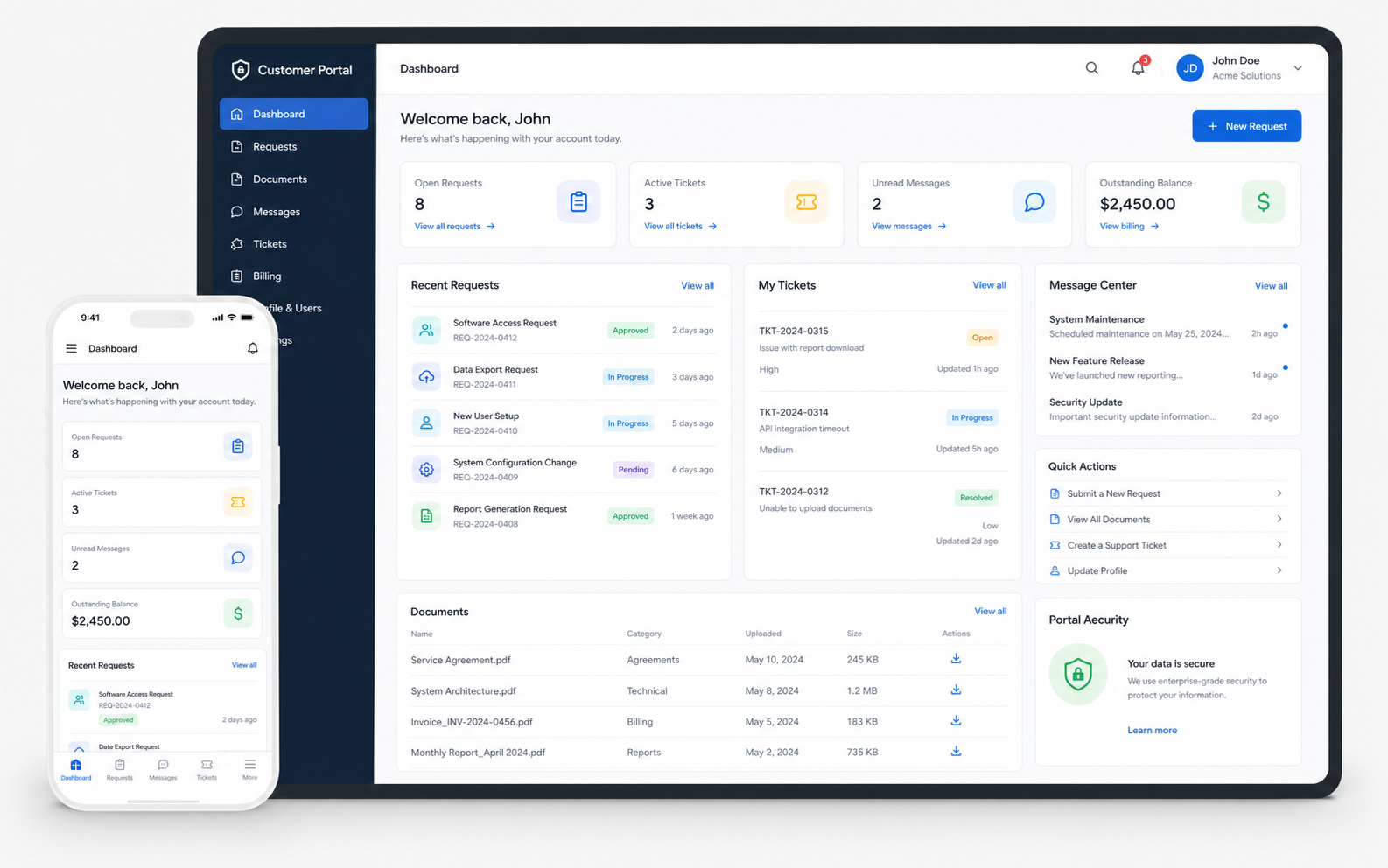 Customer Portal interface showcase